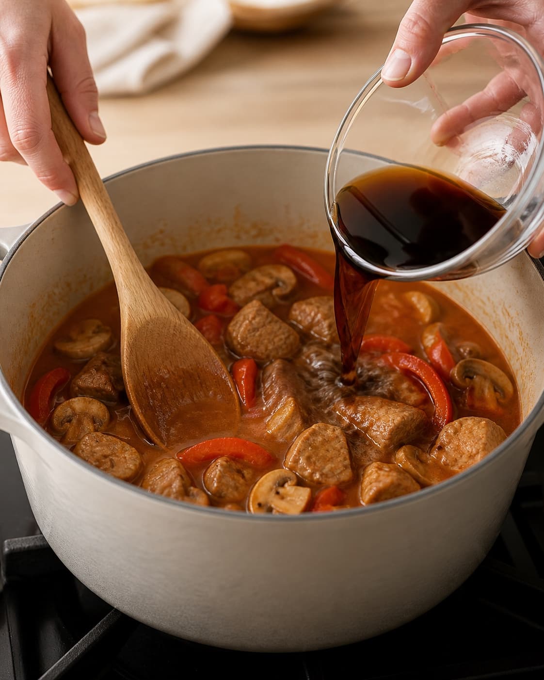 One single photorealistic instructional frame of dark fond dissolving into the added cooking liquid for Paprikagryde - en klassisk mørbradgryde, featuring svinemørbrad, rød peberfrugt, champignon, with only the named equipment and no unrelated food, text, logos or packaging under tilberedningen af paprikagryde - en klassisk mørbradgryde