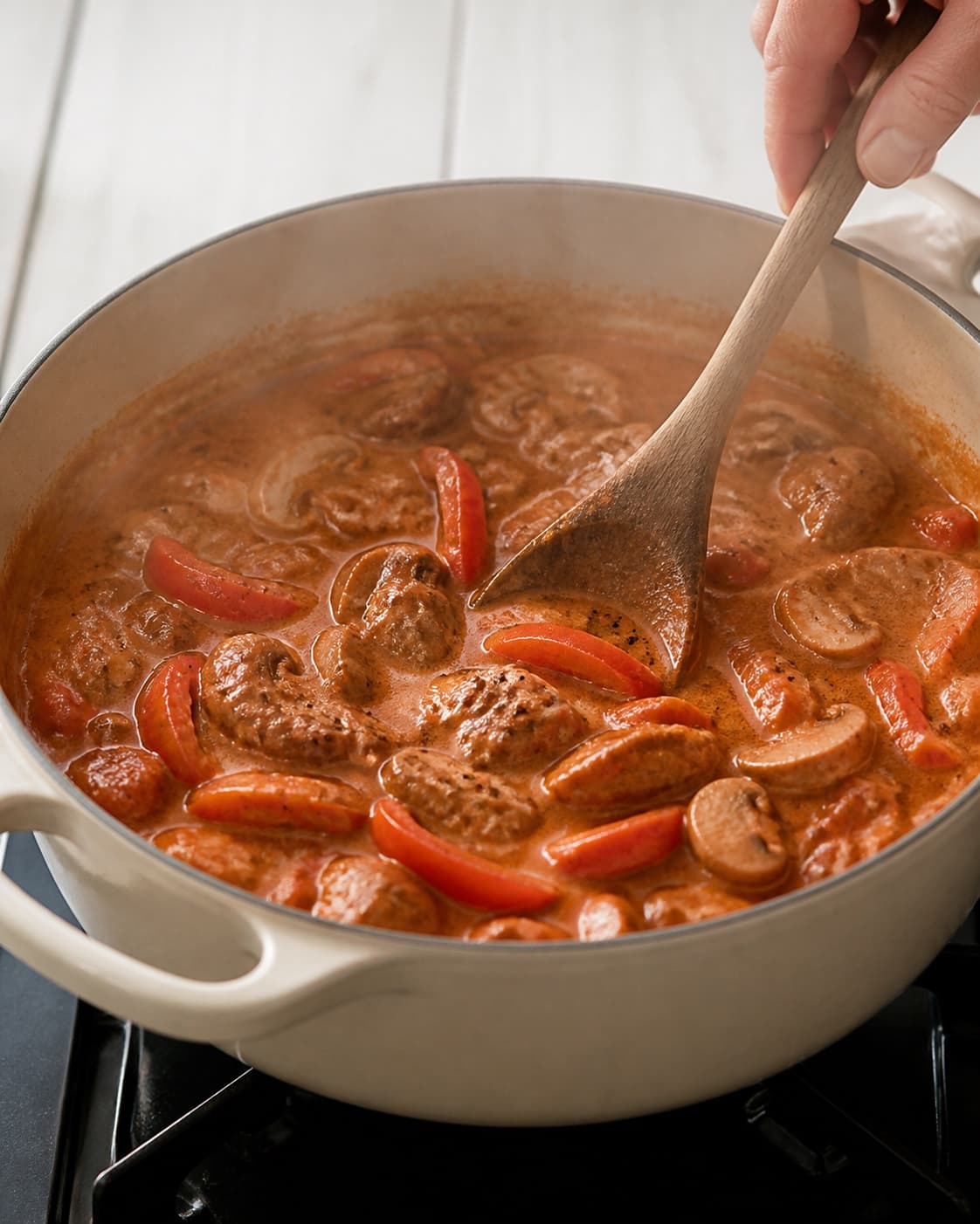 One single photorealistic instructional frame of the stew gently braising with tender meat and vegetables for Paprikagryde - en klassisk mørbradgryde, featuring svinemørbrad, rød peberfrugt, champignon, with only the named equipment and no unrelated food, text, logos or packaging under tilberedningen af paprikagryde - en klassisk mørbradgryde