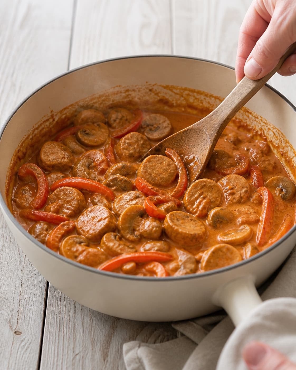 One single photorealistic instructional frame of the finished glossy stew ready in one serving pot for Paprikagryde - en klassisk mørbradgryde, featuring svinemørbrad, rød peberfrugt, champignon, with only the named equipment and no unrelated food, text, logos or packaging under tilberedningen af paprikagryde - en klassisk mørbradgryde