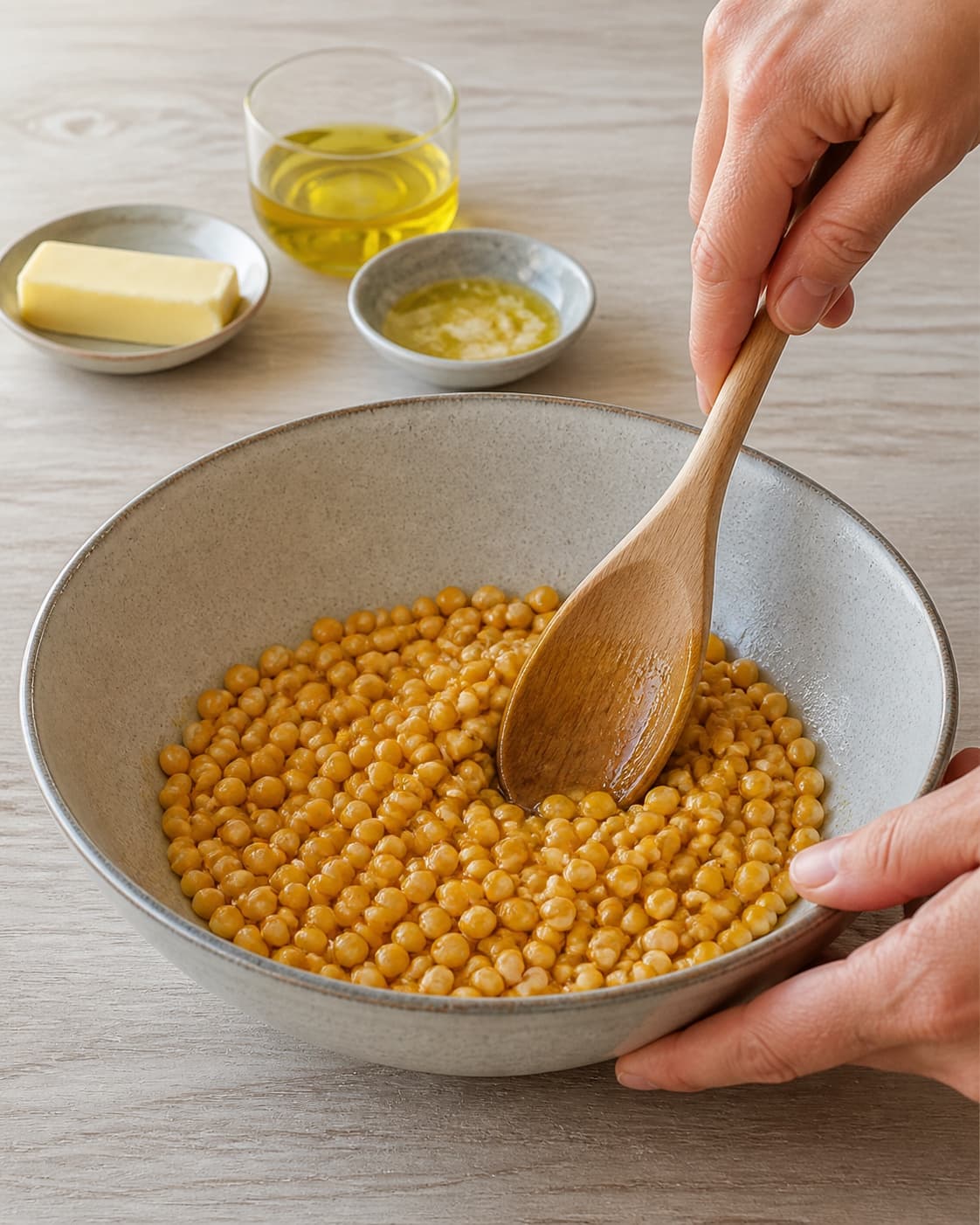 One single photorealistic instructional frame of the main ingredient being evenly coated with seasoning for Popcorn opskrifter - 3 skønne varianter, featuring popcornmajs, rapsolie, smør, with only the named equipment and no unrelated food, text, logos or packaging under tilberedningen af popcorn opskrifter - 3 skønne varianter