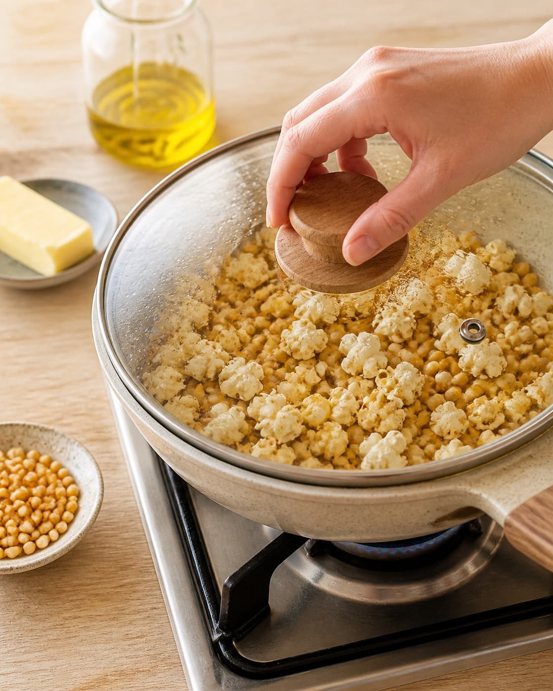 One single photorealistic instructional frame of the seasoned main ingredient roasting until properly cooked for Popcorn opskrifter - 3 skønne varianter, featuring popcornmajs, rapsolie, smør, with only the named equipment and no unrelated food, text, logos or packaging under tilberedningen af popcorn opskrifter - 3 skønne varianter