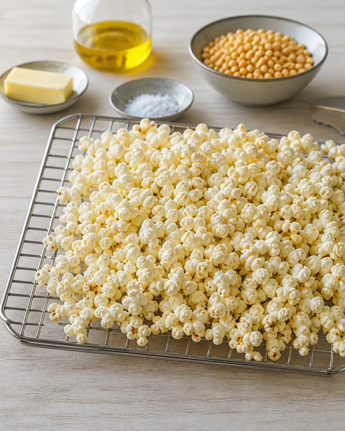 One single photorealistic instructional frame of the cooked ingredient resting uncovered on one rack or platter for Popcorn opskrifter - 3 skønne varianter, featuring popcornmajs, rapsolie, smør, with only the named equipment and no unrelated food, text, logos or packaging under tilberedningen af popcorn opskrifter - 3 skønne varianter