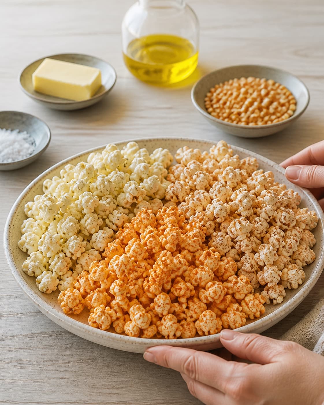 One single photorealistic instructional frame of the finished roasted dish portioned on one serving platter for Popcorn opskrifter - 3 skønne varianter, featuring popcornmajs, rapsolie, smør, with only the named equipment and no unrelated food, text, logos or packaging under tilberedningen af popcorn opskrifter - 3 skønne varianter