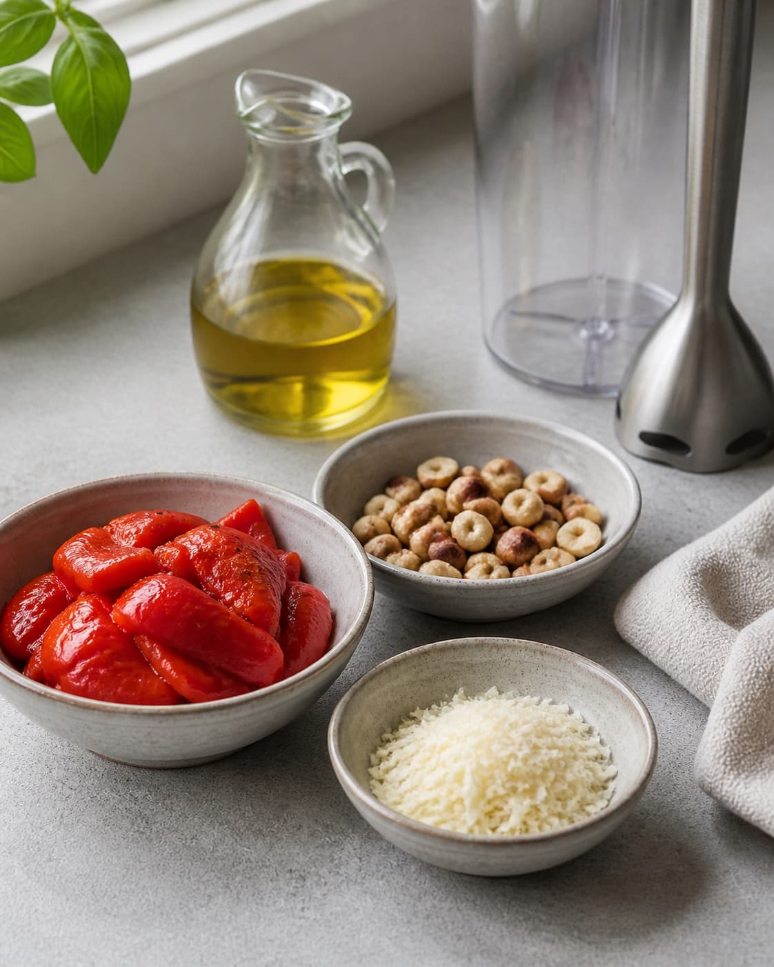 One single photorealistic instructional frame of the dip ingredients measured in separate small bowls for Peberfrugt pesto med hasselnødder, featuring røde peberfrugter, hasselnødder, parmesan, with only the named equipment and no unrelated food, text, logos or packaging under tilberedningen af peberfrugt pesto med hasselnødder