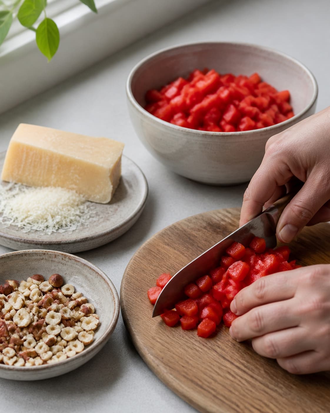 One single photorealistic instructional frame of the recipe-specific flavor elements being prepared for Peberfrugt pesto med hasselnødder, featuring røde peberfrugter, hasselnødder, parmesan, with only the named equipment and no unrelated food, text, logos or packaging under tilberedningen af peberfrugt pesto med hasselnødder