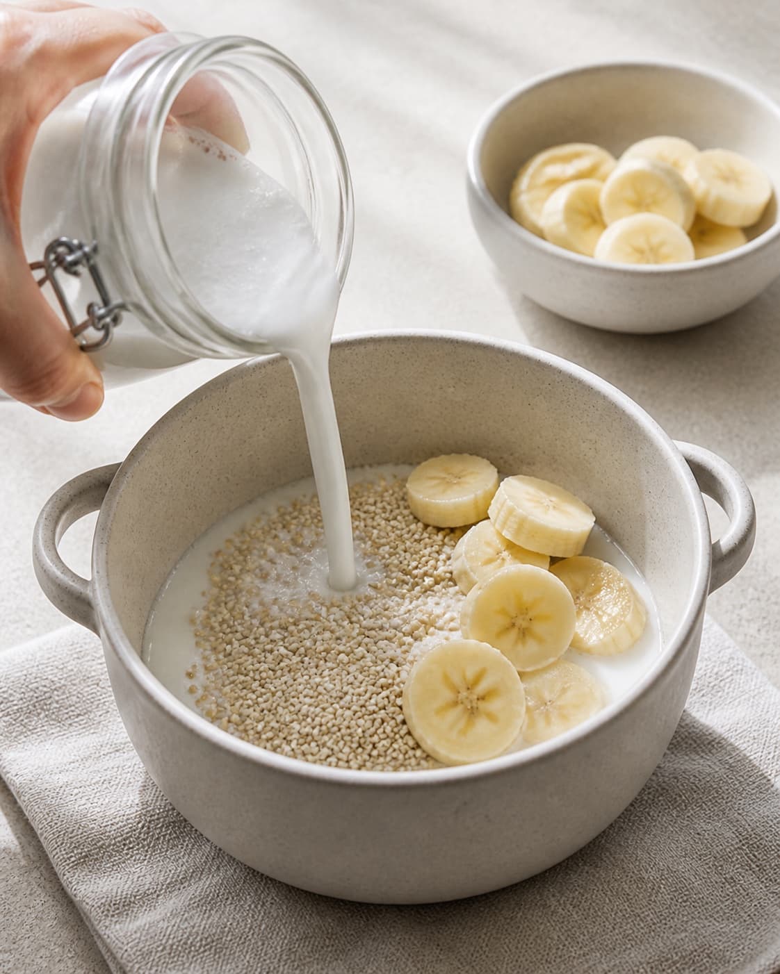 One single photorealistic instructional frame of measured grains seeds and liquid before cooking for Quinoagrød med kokos og banan, featuring quinoa, kokosmælk, bananer, with only the named equipment and no unrelated food, text, logos or packaging under tilberedningen af quinoagrød med kokos og banan
