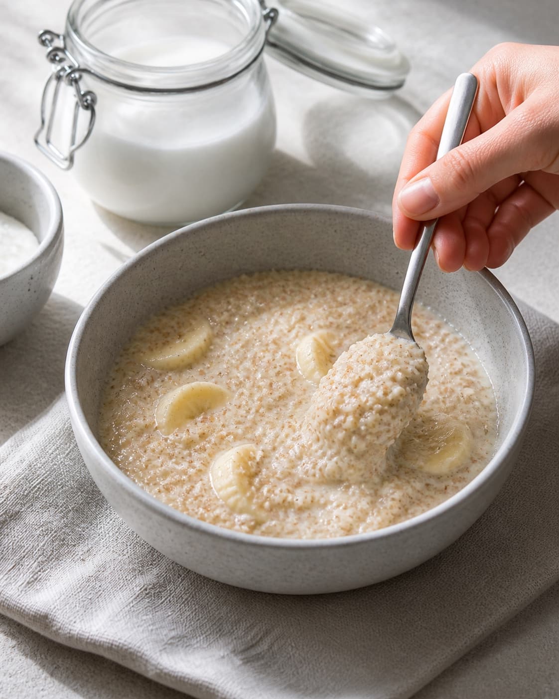 One single photorealistic instructional frame of the porridge consistency being adjusted with a spoon for Quinoagrød med kokos og banan, featuring quinoa, kokosmælk, bananer, with only the named equipment and no unrelated food, text, logos or packaging under tilberedningen af quinoagrød med kokos og banan