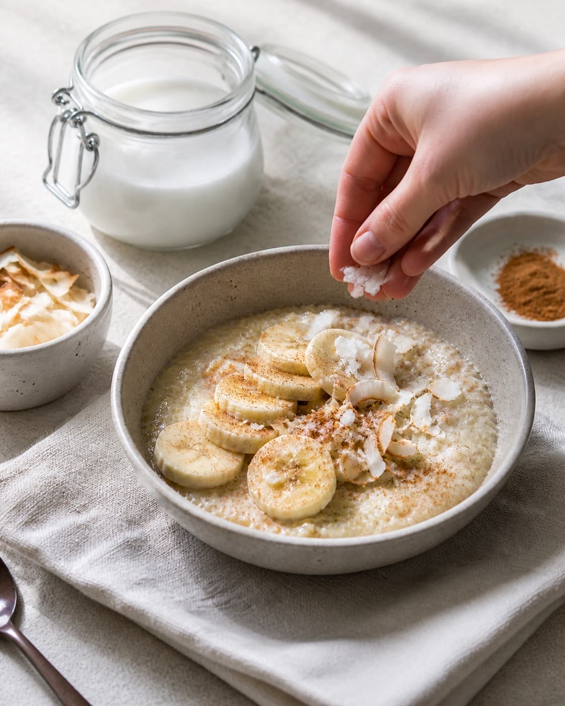 One single photorealistic instructional frame of finished breakfast bowls topped with the named fruit and garnish for Quinoagrød med kokos og banan, featuring quinoa, kokosmælk, bananer, with only the named equipment and no unrelated food, text, logos or packaging under tilberedningen af quinoagrød med kokos og banan