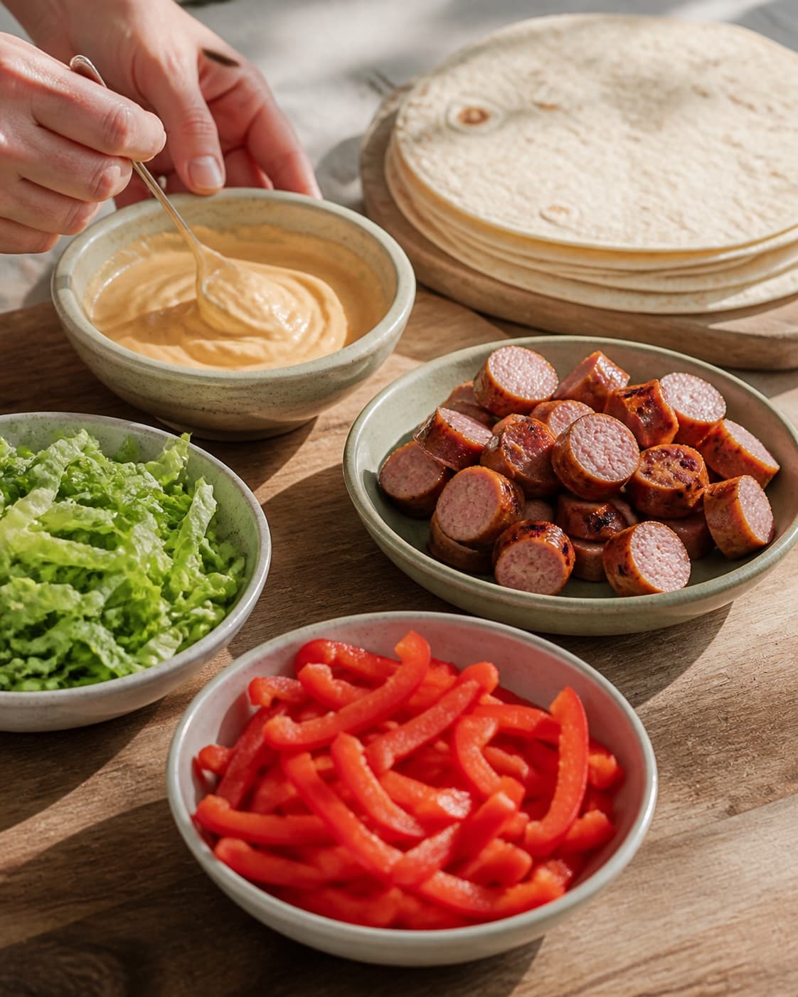 One single photorealistic instructional frame of fresh wrap fillings and sauce prepared separately for Wraps med peberfrugt og pølse, featuring tortillawraps, grillpølser, rød peberfrugt, with only the named equipment and no unrelated food, text, logos or packaging under tilberedningen af wraps med peberfrugt og pølse