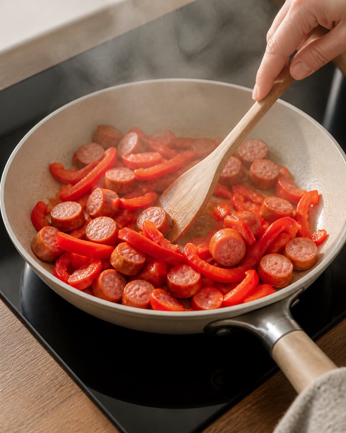 One single photorealistic instructional frame of the warm wrap filling cooking in one skillet for Wraps med peberfrugt og pølse, featuring tortillawraps, grillpølser, rød peberfrugt, with only the named equipment and no unrelated food, text, logos or packaging under tilberedningen af wraps med peberfrugt og pølse