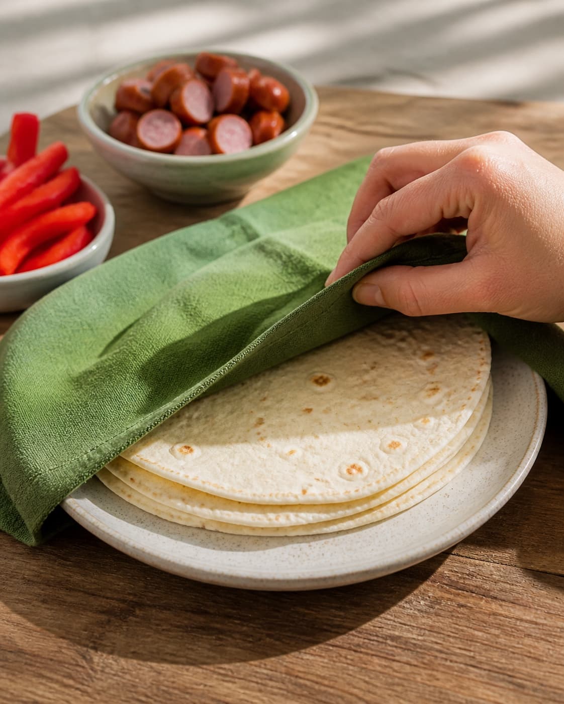 One single photorealistic instructional frame of soft flexible flatbreads warming under one cloth for Wraps med peberfrugt og pølse, featuring tortillawraps, grillpølser, rød peberfrugt, with only the named equipment and no unrelated food, text, logos or packaging under tilberedningen af wraps med peberfrugt og pølse