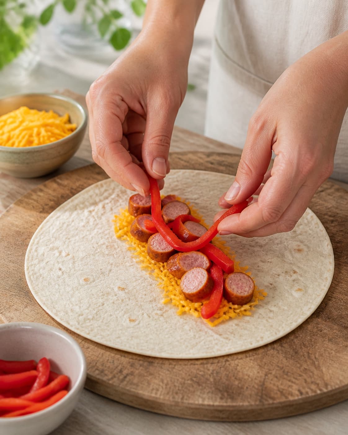 One single photorealistic instructional frame of realistic hands arranging filling down the center of one wrap for Wraps med peberfrugt og pølse, featuring tortillawraps, grillpølser, rød peberfrugt, with only the named equipment and no unrelated food, text, logos or packaging under tilberedningen af wraps med peberfrugt og pølse