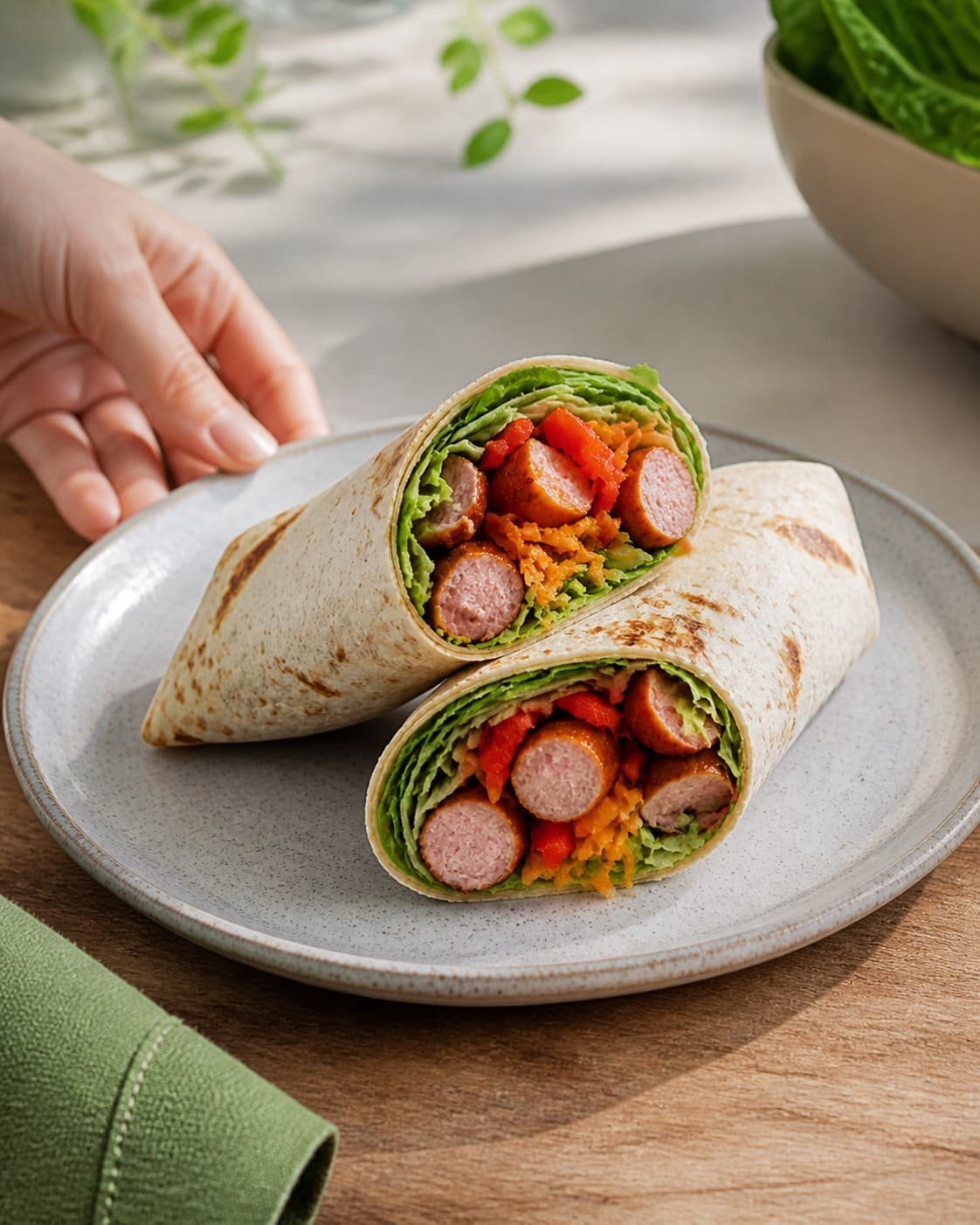 One single photorealistic instructional frame of completed wraps cut cleanly and arranged on one platter for Wraps med peberfrugt og pølse, featuring tortillawraps, grillpølser, rød peberfrugt, with only the named equipment and no unrelated food, text, logos or packaging under tilberedningen af wraps med peberfrugt og pølse
