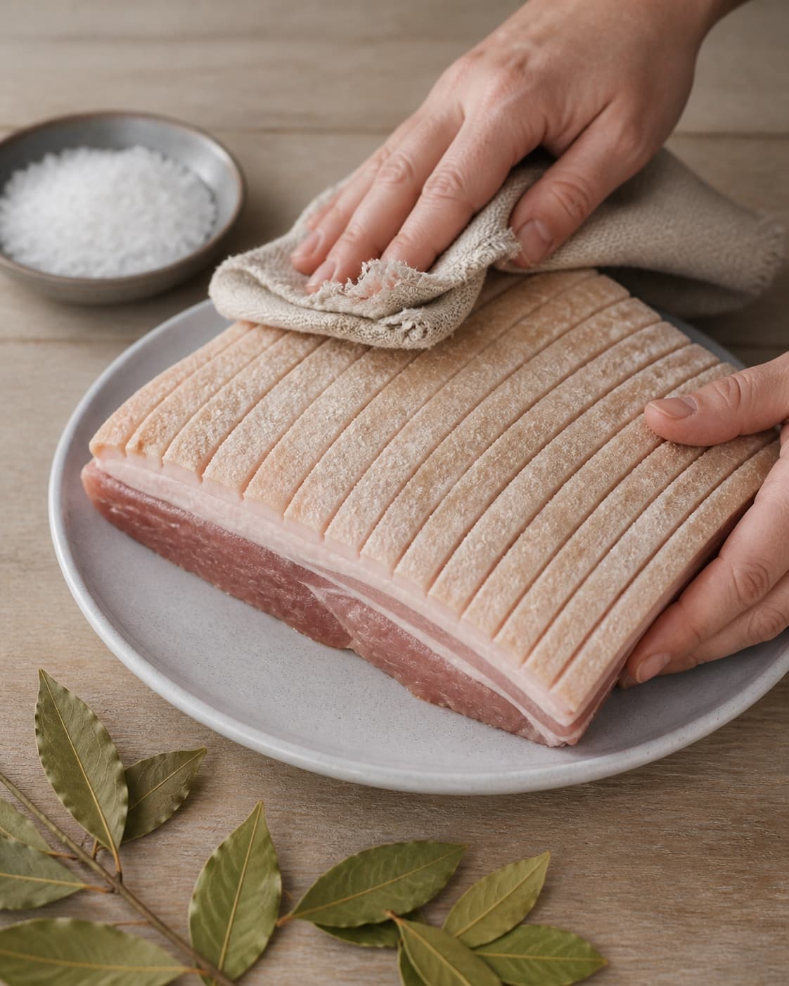 One single photorealistic instructional frame of the main ingredient trimmed cut and dried before roasting for Ribbensteg med sprød svær, featuring ribbensteg, groft salt, laurbærblade, with only the named equipment and no unrelated food, text, logos or packaging under tilberedningen af ribbensteg med sprød svær