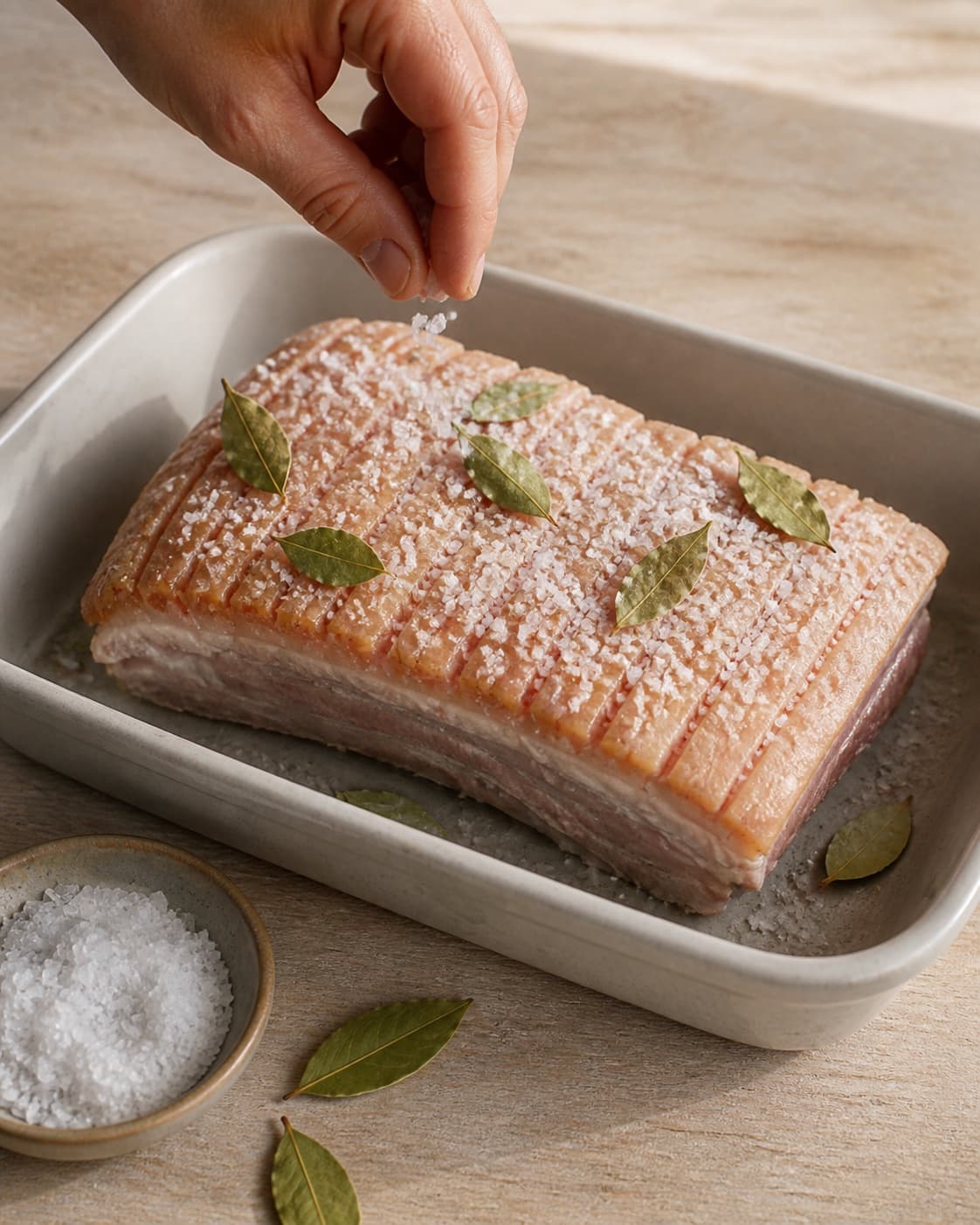 One single photorealistic instructional frame of the main ingredient being evenly coated with seasoning for Ribbensteg med sprød svær, featuring ribbensteg, groft salt, laurbærblade, with only the named equipment and no unrelated food, text, logos or packaging under tilberedningen af ribbensteg med sprød svær