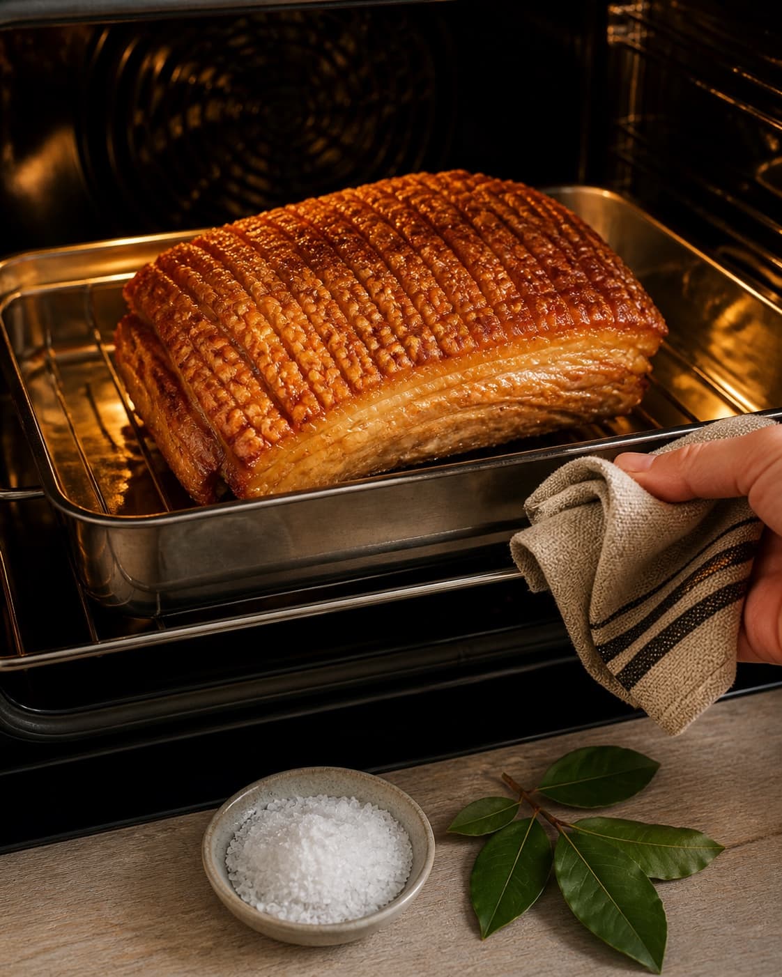 One single photorealistic instructional frame of the seasoned main ingredient roasting until properly cooked for Ribbensteg med sprød svær, featuring ribbensteg, groft salt, laurbærblade, with only the named equipment and no unrelated food, text, logos or packaging under tilberedningen af ribbensteg med sprød svær