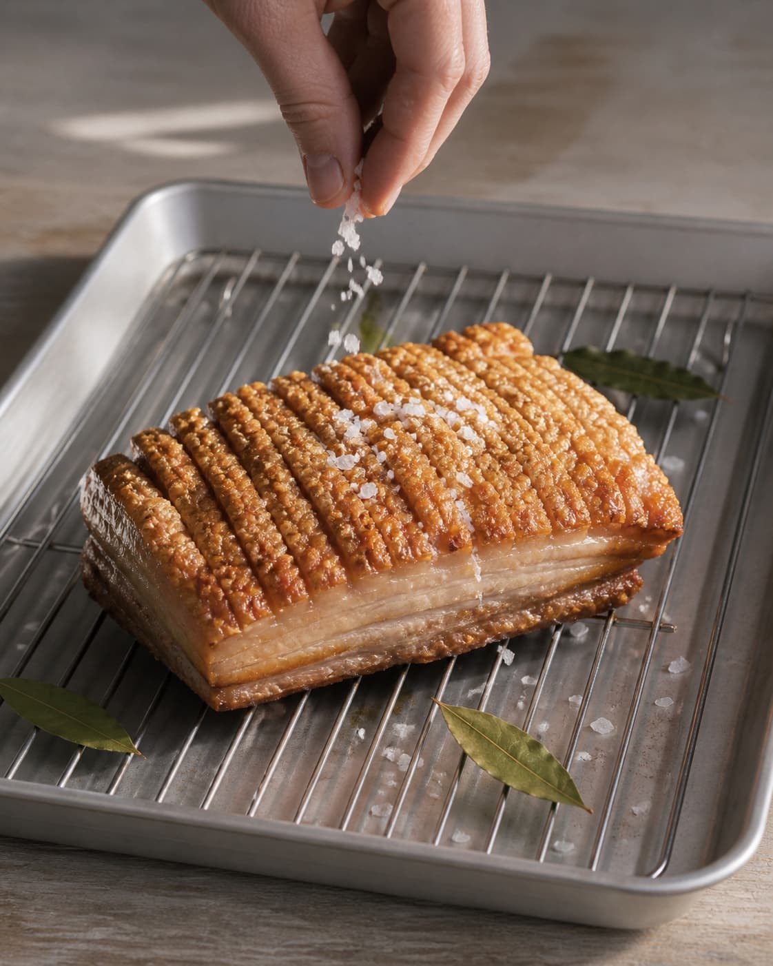 One single photorealistic instructional frame of the cooked ingredient resting uncovered on one rack or platter for Ribbensteg med sprød svær, featuring ribbensteg, groft salt, laurbærblade, with only the named equipment and no unrelated food, text, logos or packaging under tilberedningen af ribbensteg med sprød svær