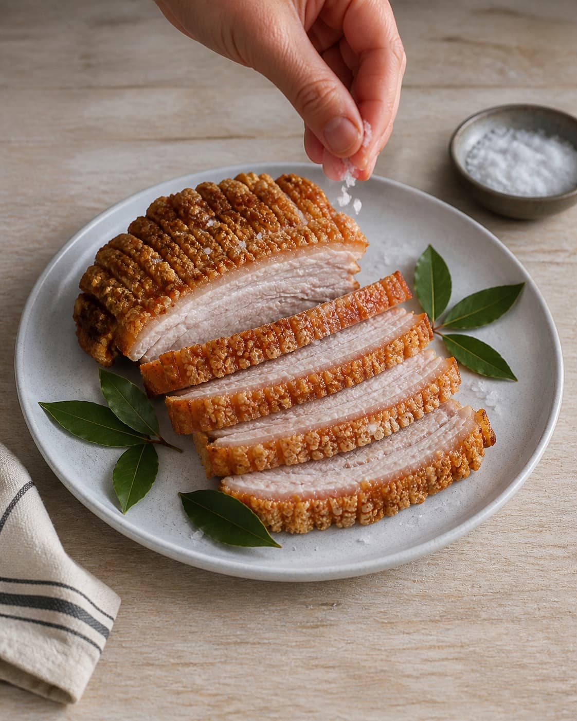 One single photorealistic instructional frame of the finished roasted dish portioned on one serving platter for Ribbensteg med sprød svær, featuring ribbensteg, groft salt, laurbærblade, with only the named equipment and no unrelated food, text, logos or packaging under tilberedningen af ribbensteg med sprød svær