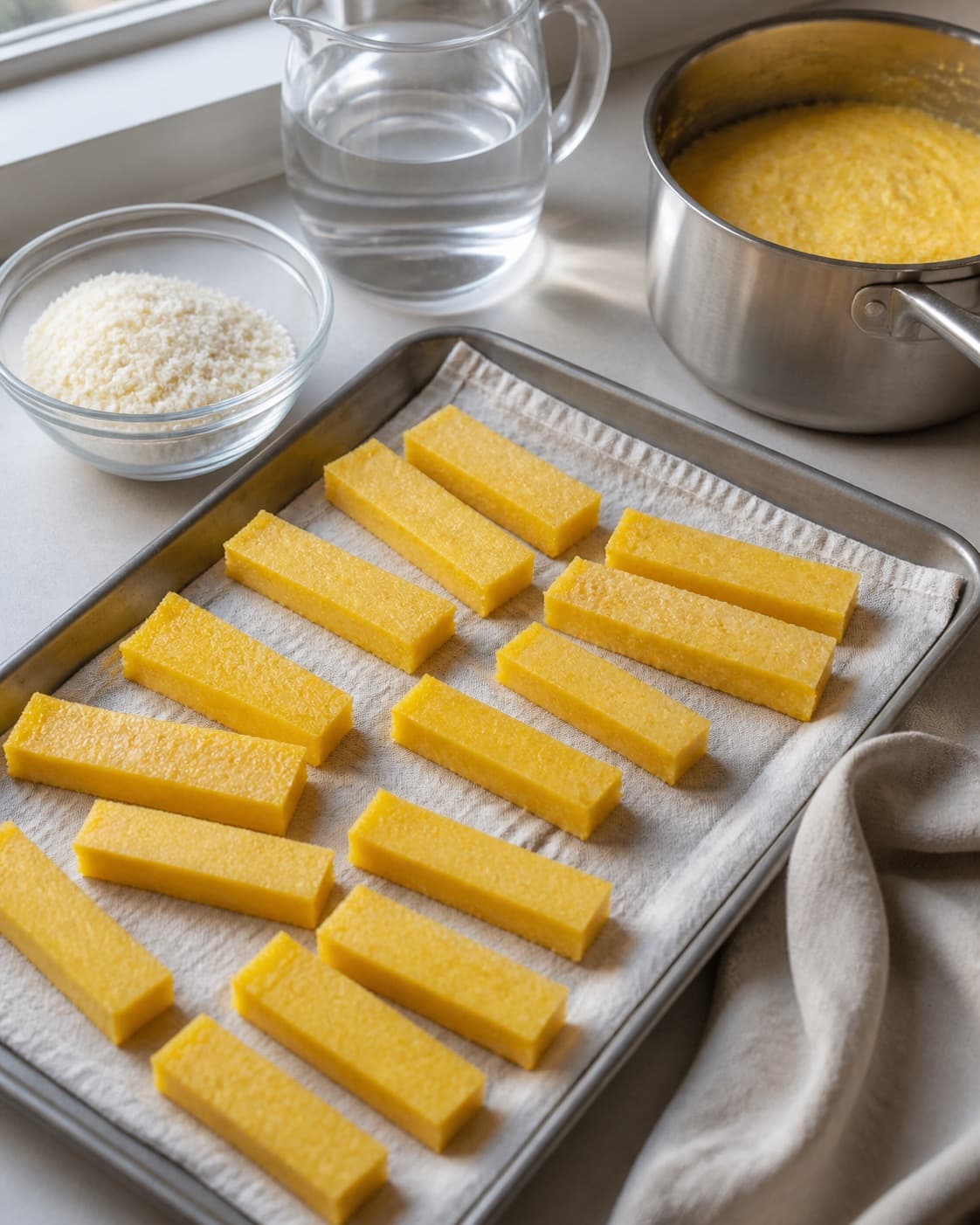 One single photorealistic instructional frame of the main ingredient trimmed cut and dried before roasting for Lækre sprøde polenta fritter, featuring polenta, vand, parmesan, with only the named equipment and no unrelated food, text, logos or packaging under tilberedningen af lækre sprøde polenta fritter