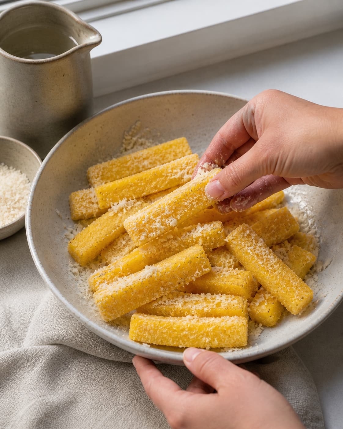 One single photorealistic instructional frame of the main ingredient being evenly coated with seasoning for Lækre sprøde polenta fritter, featuring polenta, vand, parmesan, with only the named equipment and no unrelated food, text, logos or packaging under tilberedningen af lækre sprøde polenta fritter