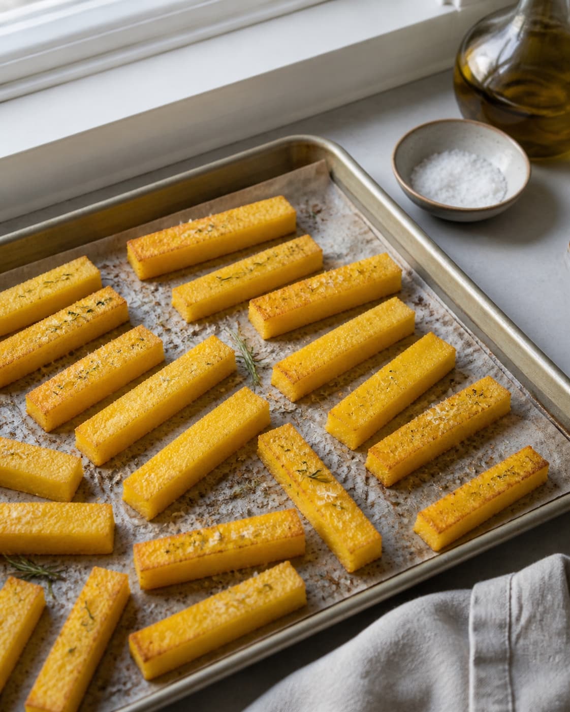 One single photorealistic instructional frame of the seasoned main ingredient roasting until properly cooked for Lækre sprøde polenta fritter, featuring polenta, vand, parmesan, with only the named equipment and no unrelated food, text, logos or packaging under tilberedningen af lækre sprøde polenta fritter