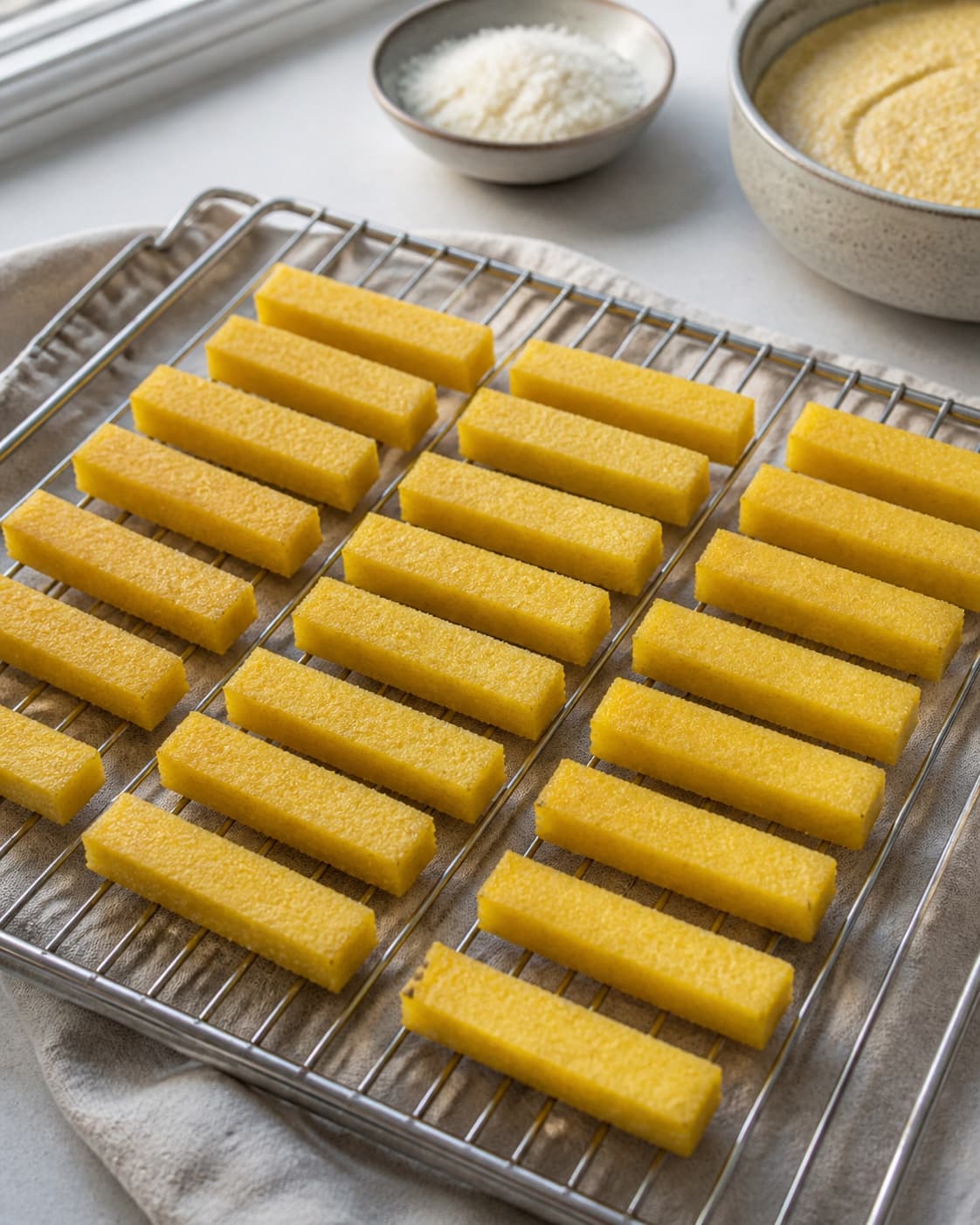 One single photorealistic instructional frame of the cooked ingredient resting uncovered on one rack or platter for Lækre sprøde polenta fritter, featuring polenta, vand, parmesan, with only the named equipment and no unrelated food, text, logos or packaging under tilberedningen af lækre sprøde polenta fritter
