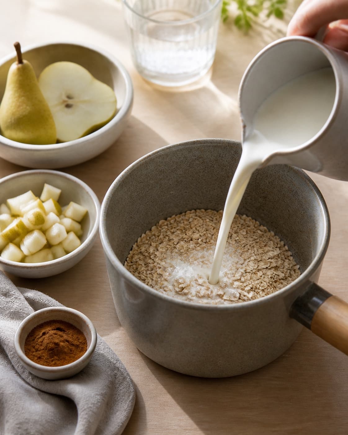 One single photorealistic instructional frame of measured grains seeds and liquid before cooking for Krydret morgengrød, featuring havregryn, mælk, pære, with only the named equipment and no unrelated food, text, logos or packaging under tilberedningen af krydret morgengrød