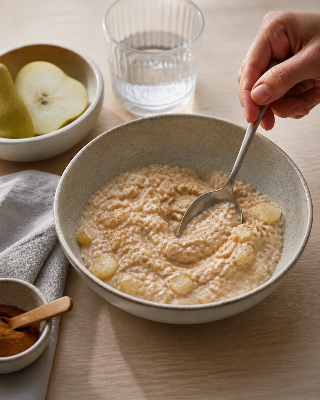 One single photorealistic instructional frame of the porridge consistency being adjusted with a spoon for Krydret morgengrød, featuring havregryn, mælk, pære, with only the named equipment and no unrelated food, text, logos or packaging under tilberedningen af krydret morgengrød