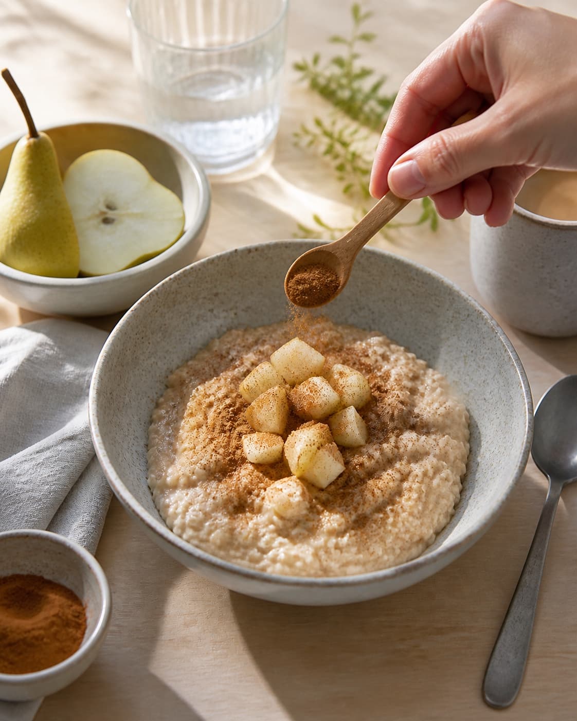 One single photorealistic instructional frame of finished breakfast bowls topped with the named fruit and garnish for Krydret morgengrød, featuring havregryn, mælk, pære, with only the named equipment and no unrelated food, text, logos or packaging under tilberedningen af krydret morgengrød