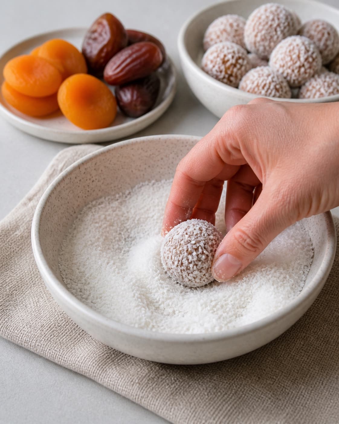One single photorealistic instructional frame of the shaped pieces receiving an even coating for Abrikos og kokos konfektkugler, featuring tørrede abrikoser, kokosmel, dadler, with only the named equipment and no unrelated food, text, logos or packaging under tilberedningen af abrikos og kokos konfektkugler