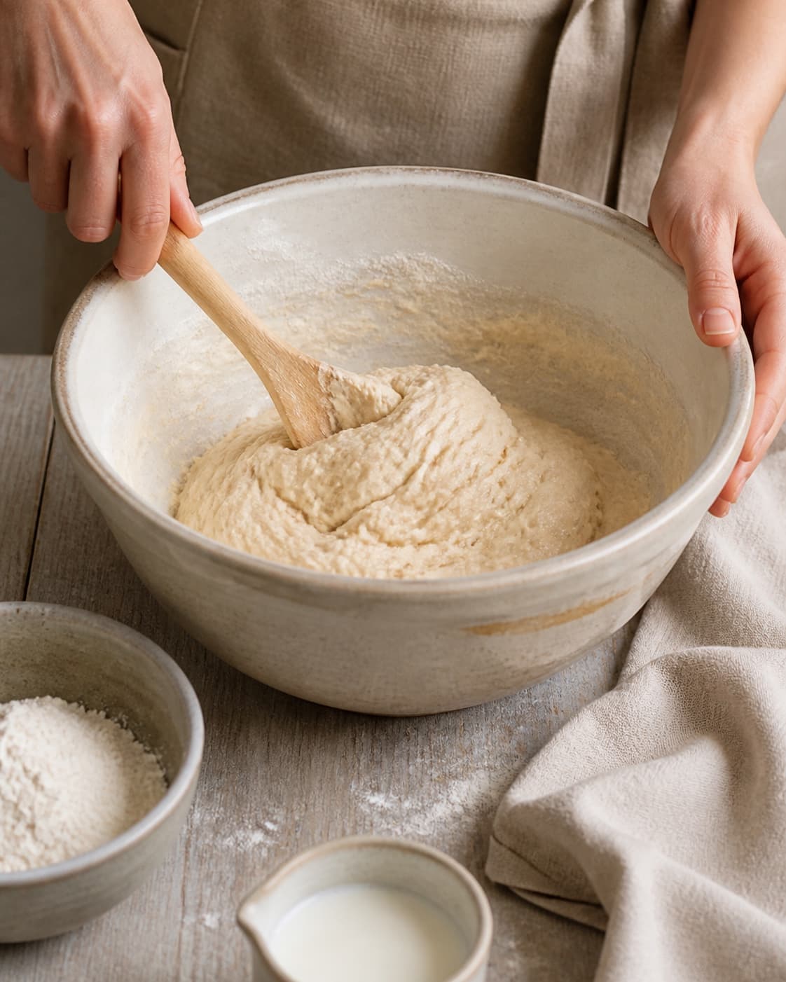 One single photorealistic instructional frame of soft bread dough mixing in one bowl for Kanelbrød - Pull Apart Bread, featuring hvedemel, gær, mælk, with only the named equipment and no unrelated food, text, logos or packaging under tilberedningen af kanelbrød - pull apart bread