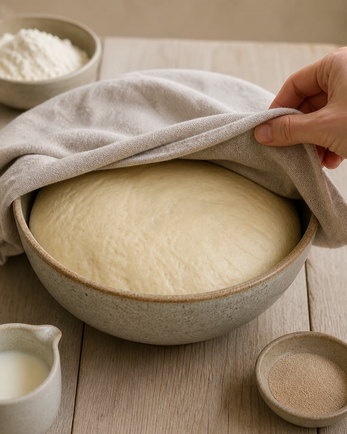 One single photorealistic instructional frame of elastic risen dough in one covered bowl for Kanelbrød - Pull Apart Bread, featuring hvedemel, gær, mælk, with only the named equipment and no unrelated food, text, logos or packaging under tilberedningen af kanelbrød - pull apart bread