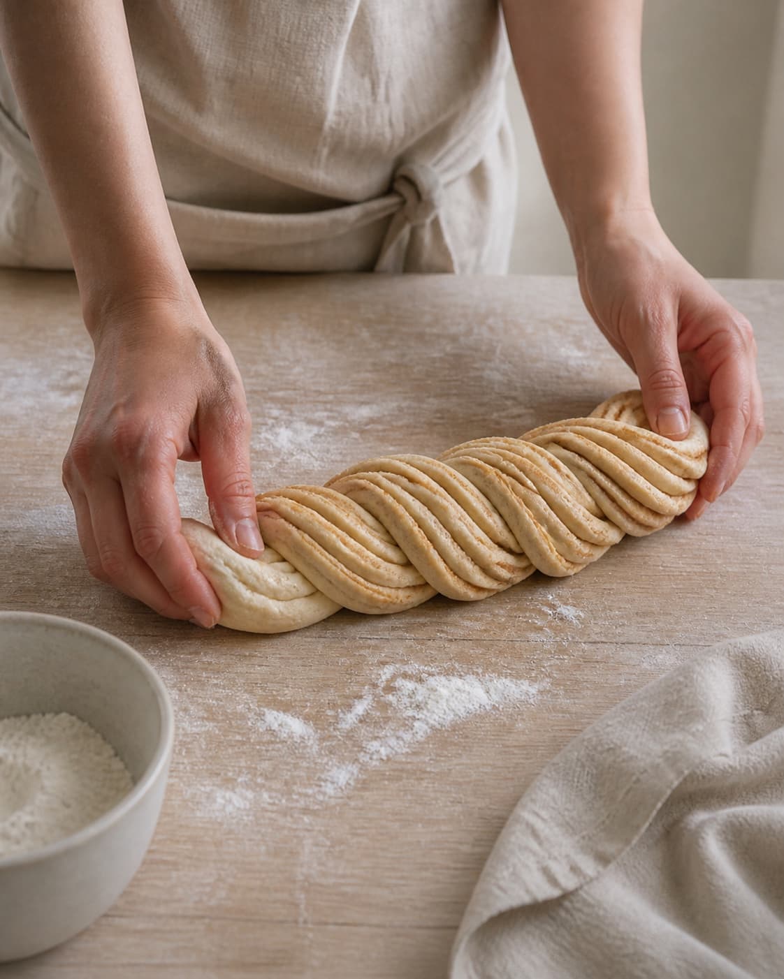 One single photorealistic instructional frame of hands shaping the dough into the recipe-specific form for Kanelbrød - Pull Apart Bread, featuring hvedemel, gær, mælk, with only the named equipment and no unrelated food, text, logos or packaging under tilberedningen af kanelbrød - pull apart bread