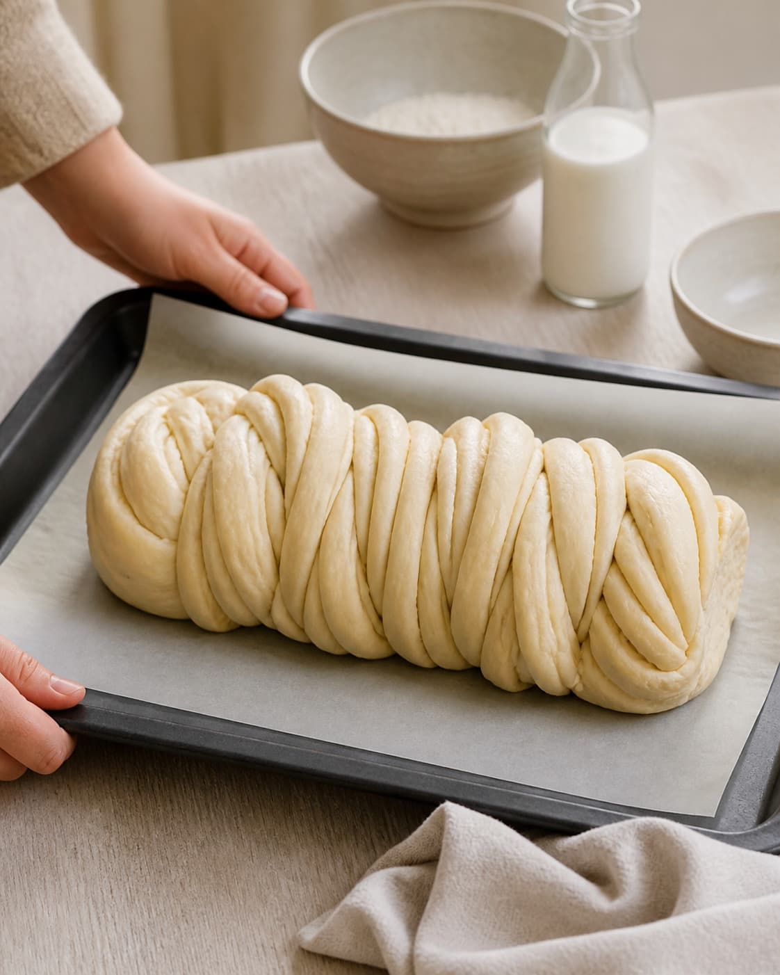 One single photorealistic instructional frame of shaped pale dough pieces visibly risen on one baking tray for Kanelbrød - Pull Apart Bread, featuring hvedemel, gær, mælk, with only the named equipment and no unrelated food, text, logos or packaging under tilberedningen af kanelbrød - pull apart bread