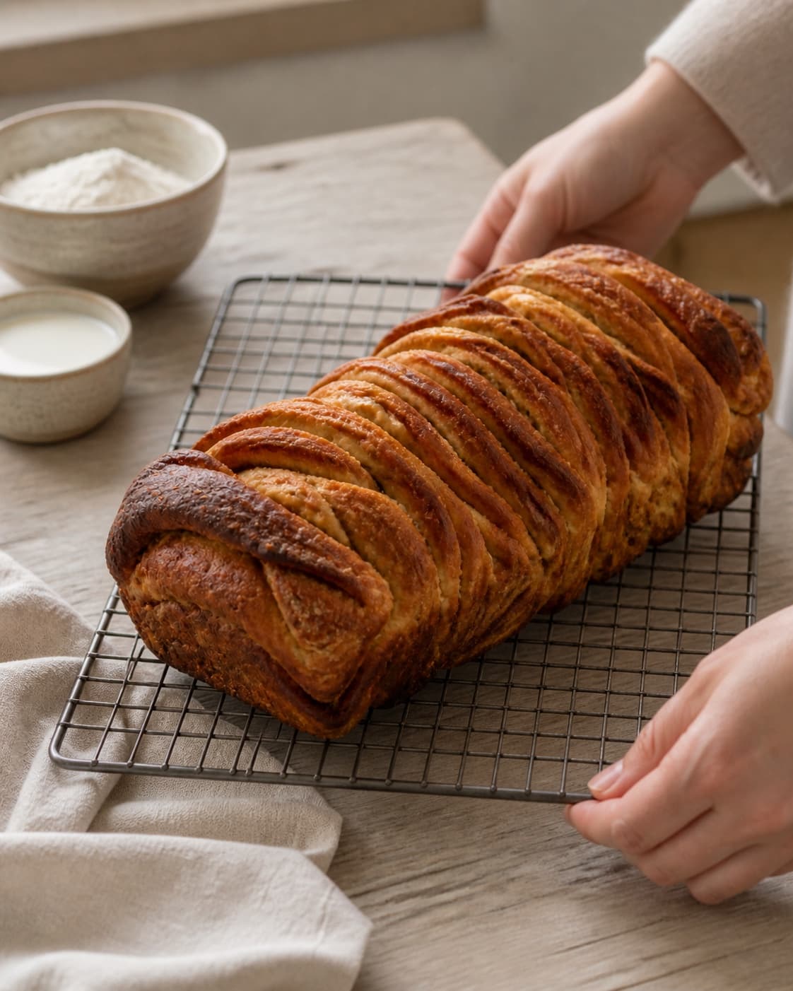 One single photorealistic instructional frame of freshly baked golden bread cooling on one rack for Kanelbrød - Pull Apart Bread, featuring hvedemel, gær, mælk, with only the named equipment and no unrelated food, text, logos or packaging under tilberedningen af kanelbrød - pull apart bread