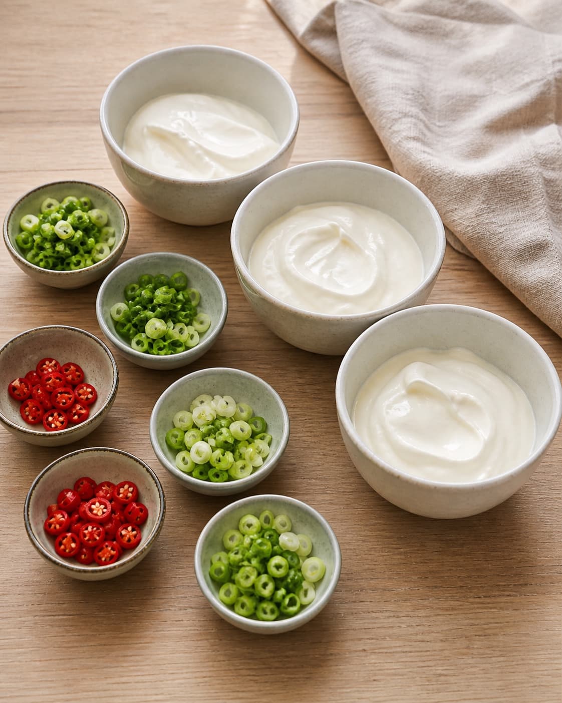 One single photorealistic instructional frame of the dip ingredients measured in separate small bowls for 3 x hjemmelavet dip til chips, featuring cremefraiche 18 %, forårsløg, rød chili, with only the named equipment and no unrelated food, text, logos or packaging under tilberedningen af 3 x hjemmelavet dip til chips