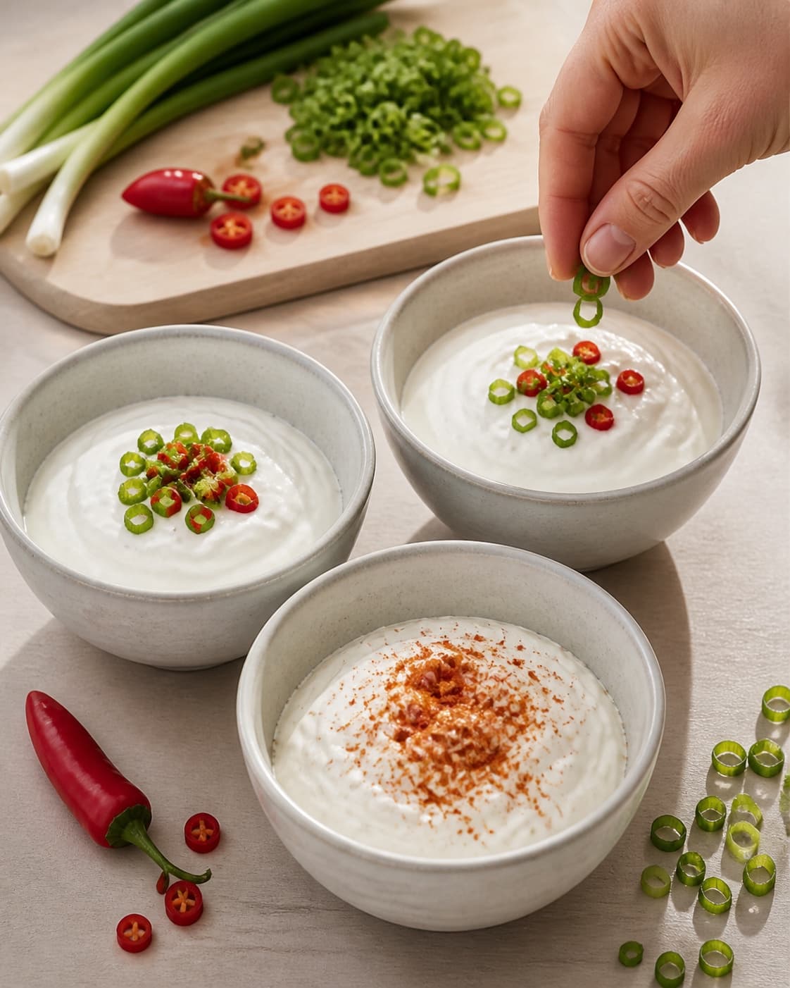 One single photorealistic instructional frame of the recipe-specific flavor elements being prepared for 3 x hjemmelavet dip til chips, featuring cremefraiche 18 %, forårsløg, rød chili, with only the named equipment and no unrelated food, text, logos or packaging under tilberedningen af 3 x hjemmelavet dip til chips
