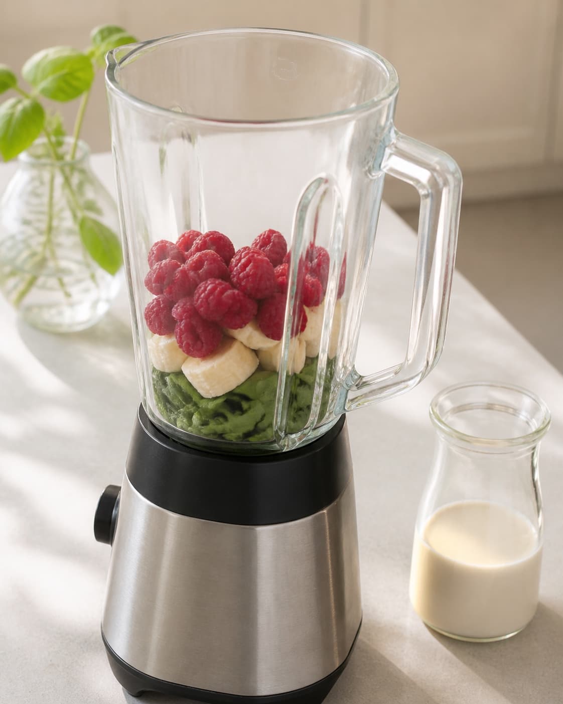 One single photorealistic instructional frame of prepared fruit and measured liquid beside one blender for Grøn smoothiebowl med hindbær, featuring babyspinat, bananer, hindbær, with only the named equipment and no unrelated food, text, logos or packaging under tilberedningen af grøn smoothiebowl med hindbær