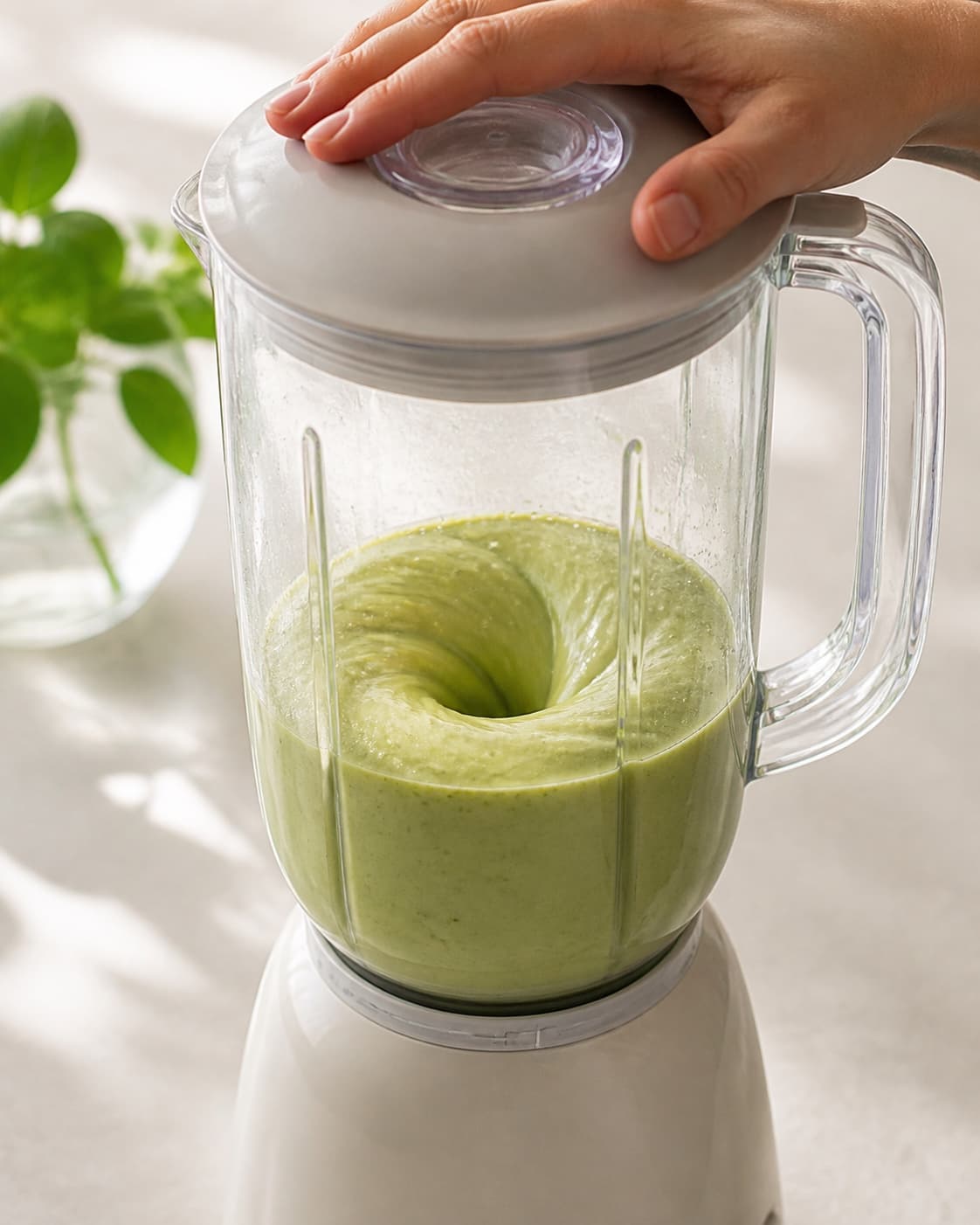 One single photorealistic instructional frame of a smooth pale base swirling inside one blender for Grøn smoothiebowl med hindbær, featuring babyspinat, bananer, hindbær, with only the named equipment and no unrelated food, text, logos or packaging under tilberedningen af grøn smoothiebowl med hindbær