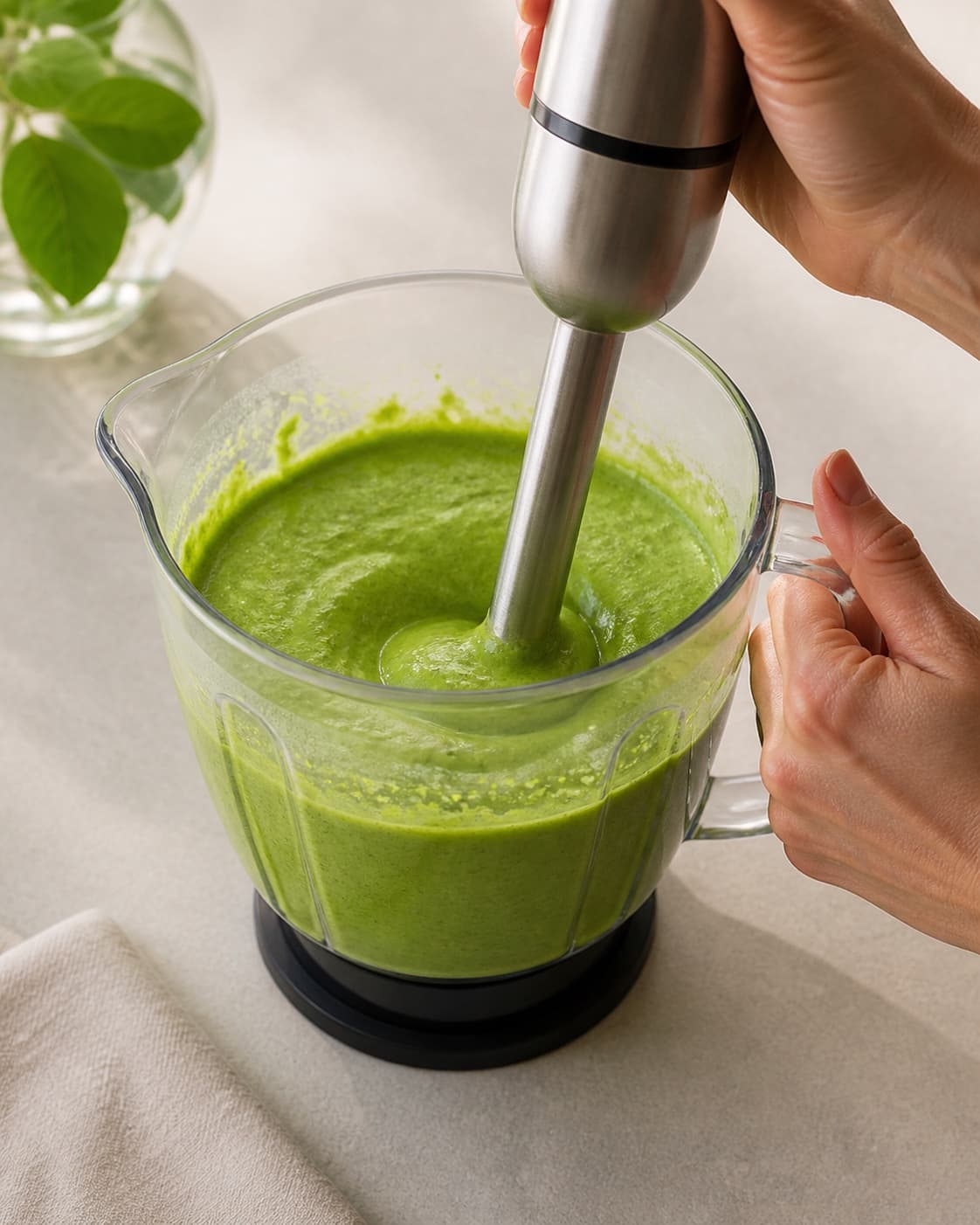 One single photorealistic instructional frame of the final colorful smoothie blending until thick and uniform for Grøn smoothiebowl med hindbær, featuring babyspinat, bananer, hindbær, with only the named equipment and no unrelated food, text, logos or packaging under tilberedningen af grøn smoothiebowl med hindbær