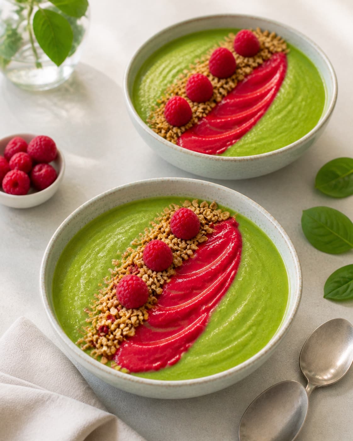 One single photorealistic instructional frame of the finished smoothie poured into clean chilled glasses or bowls for Grøn smoothiebowl med hindbær, featuring babyspinat, bananer, hindbær, with only the named equipment and no unrelated food, text, logos or packaging under tilberedningen af grøn smoothiebowl med hindbær