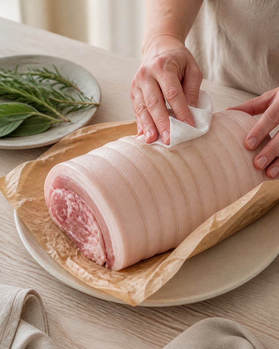 One single photorealistic instructional frame of the main ingredient trimmed cut and dried before roasting for Porchetta, featuring svineslag, frisk rosmarin, frisk salvie, with only the named equipment and no unrelated food, text, logos or packaging under tilberedningen af porchetta