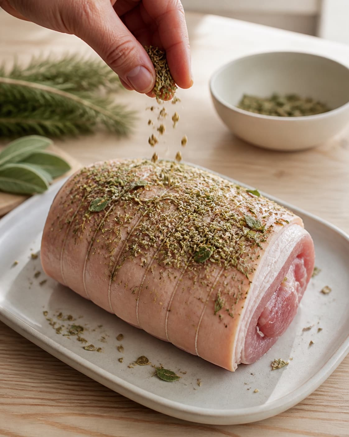 One single photorealistic instructional frame of the main ingredient being evenly coated with seasoning for Porchetta, featuring svineslag, frisk rosmarin, frisk salvie, with only the named equipment and no unrelated food, text, logos or packaging under tilberedningen af porchetta