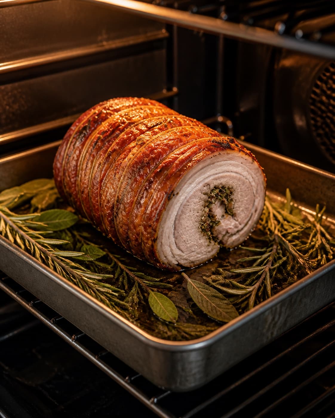 One single photorealistic instructional frame of the seasoned main ingredient roasting until properly cooked for Porchetta, featuring svineslag, frisk rosmarin, frisk salvie, with only the named equipment and no unrelated food, text, logos or packaging under tilberedningen af porchetta