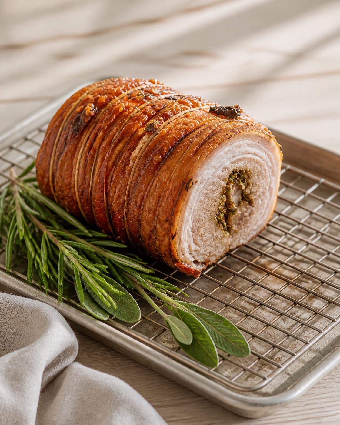 One single photorealistic instructional frame of the cooked ingredient resting uncovered on one rack or platter for Porchetta, featuring svineslag, frisk rosmarin, frisk salvie, with only the named equipment and no unrelated food, text, logos or packaging under tilberedningen af porchetta