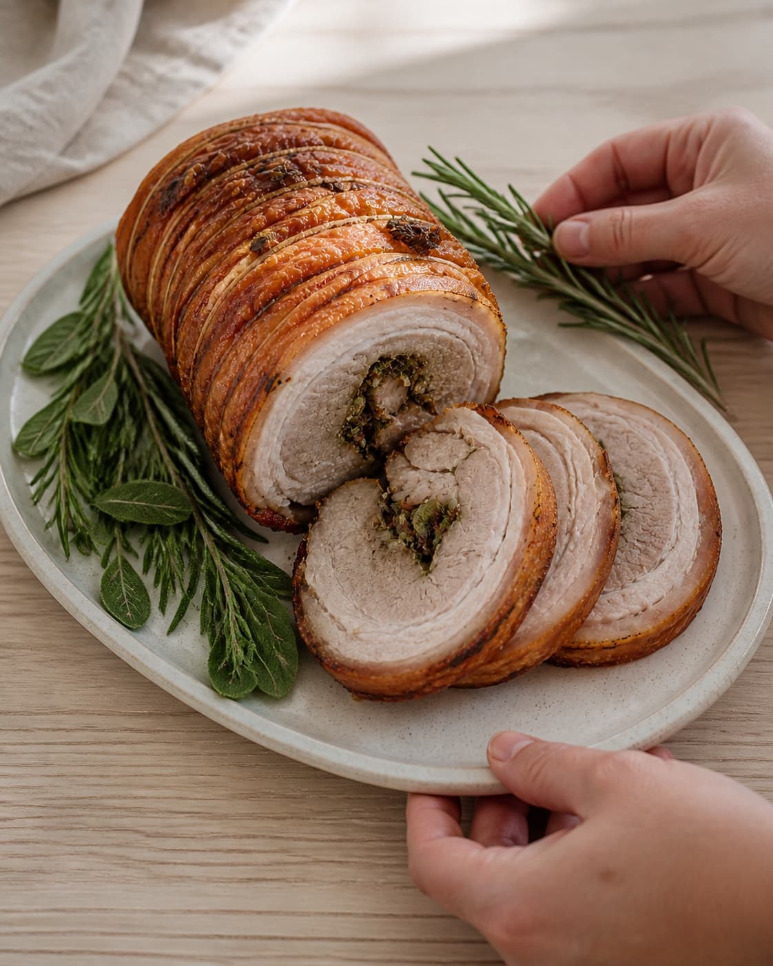 One single photorealistic instructional frame of the finished roasted dish portioned on one serving platter for Porchetta, featuring svineslag, frisk rosmarin, frisk salvie, with only the named equipment and no unrelated food, text, logos or packaging under tilberedningen af porchetta