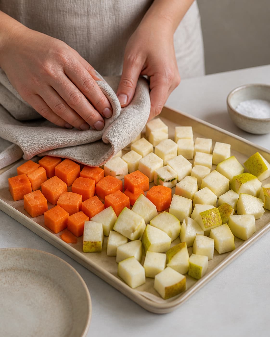 One single photorealistic instructional frame of the main ingredient trimmed cut and dried before roasting for Stegte rodfrugter med pære og mynte, featuring gulerødder, pastinakker, pærer, with only the named equipment and no unrelated food, text, logos or packaging under tilberedningen af stegte rodfrugter med pære og mynte