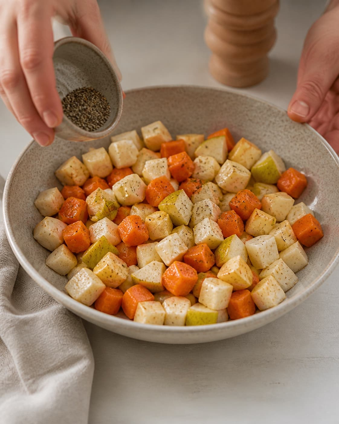 One single photorealistic instructional frame of the main ingredient being evenly coated with seasoning for Stegte rodfrugter med pære og mynte, featuring gulerødder, pastinakker, pærer, with only the named equipment and no unrelated food, text, logos or packaging under tilberedningen af stegte rodfrugter med pære og mynte