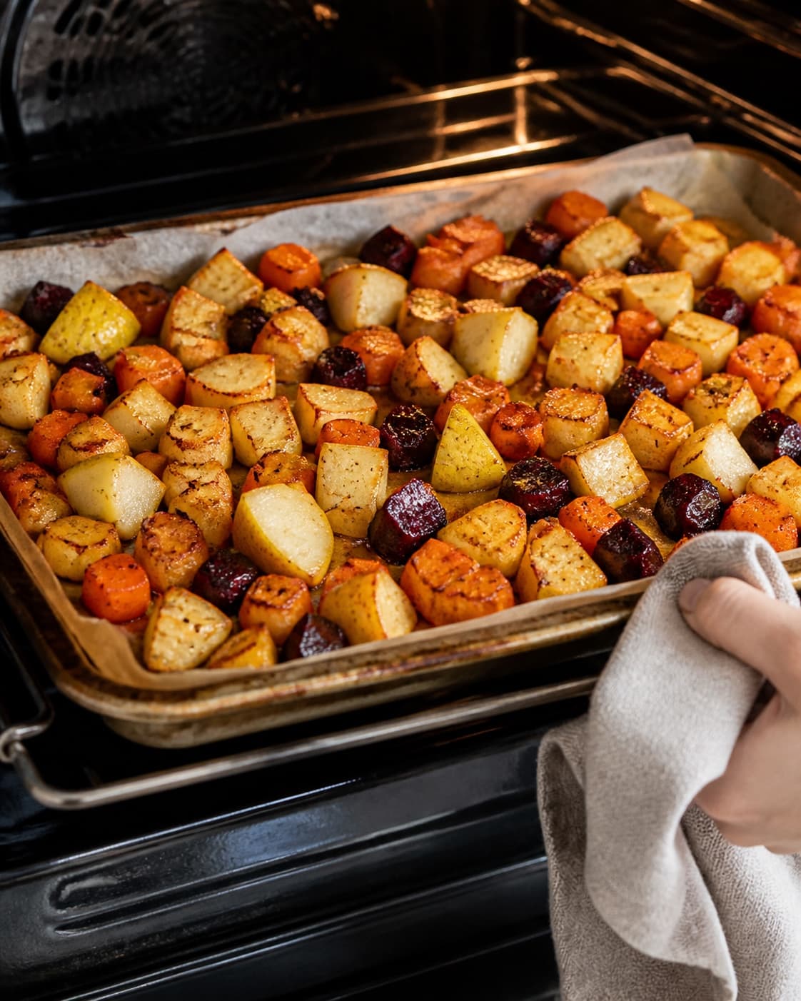 One single photorealistic instructional frame of the seasoned main ingredient roasting until properly cooked for Stegte rodfrugter med pære og mynte, featuring gulerødder, pastinakker, pærer, with only the named equipment and no unrelated food, text, logos or packaging under tilberedningen af stegte rodfrugter med pære og mynte