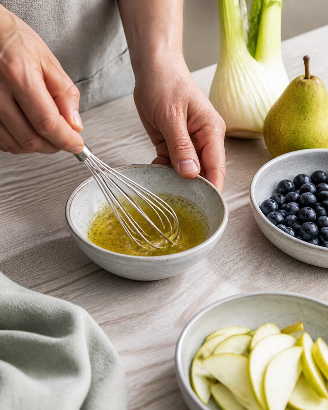 One single photorealistic instructional frame of a glossy dressing being whisked in one small bowl for Fennikelsalat med blåbær og pære, featuring fennikel, blåbær, pærer, with only the named equipment and no unrelated food, text, logos or packaging under tilberedningen af fennikelsalat med blåbær og pære
